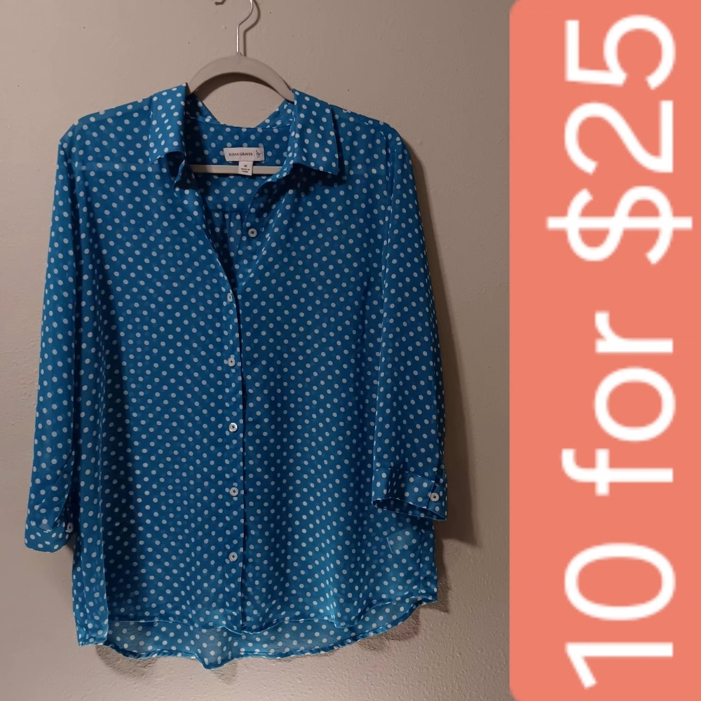 Susan Graver Blue Polka Dot Button-Down Blouse